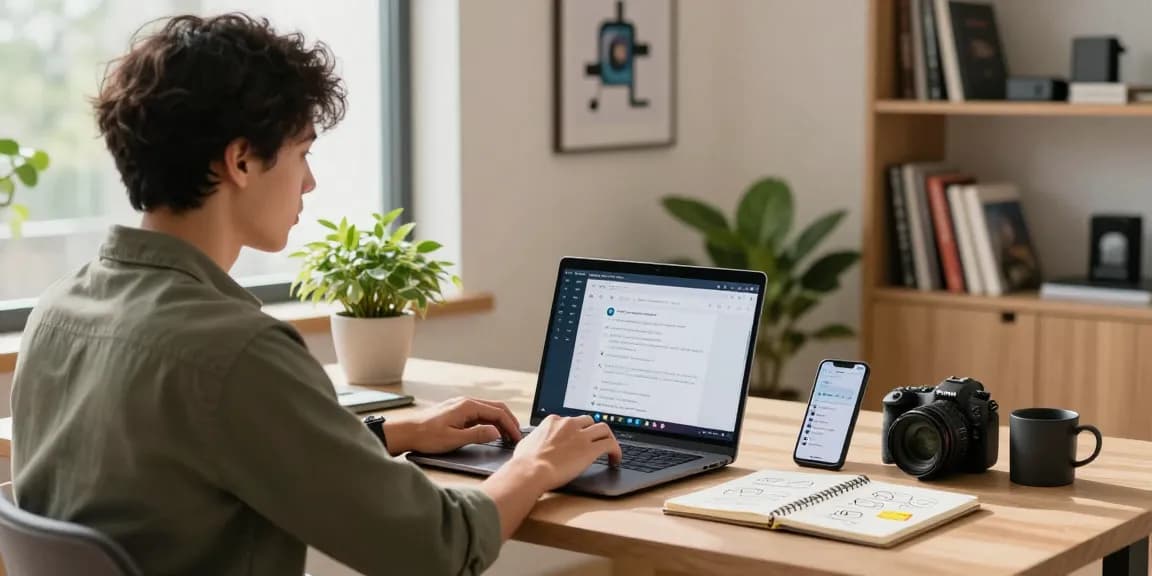 Young professional using Telegram Web Version on laptop in modern home office with tech-themed decor.