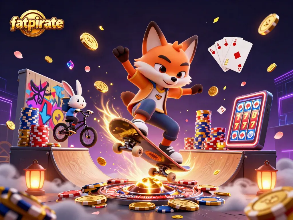 Experience thrilling action at fatpirate casino with our energetic skateboarding fox and BMXing rabbit.