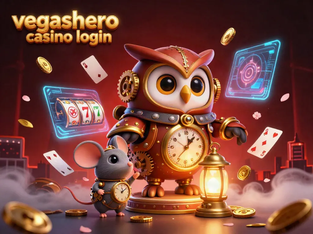 Experience seamless access with vegashero casino login, featuring playful characters in a rich casino setting.