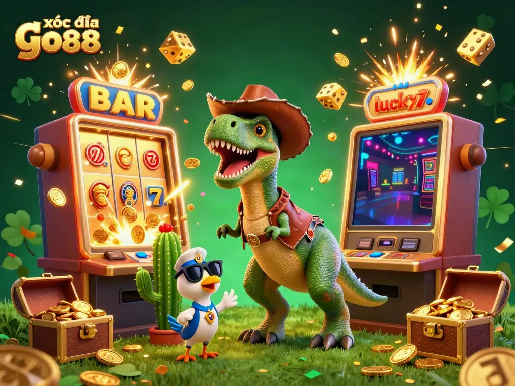 Experience the excitement of xóc đĩa go88 with engaging characters and thrilling slot machines bursting with coins.