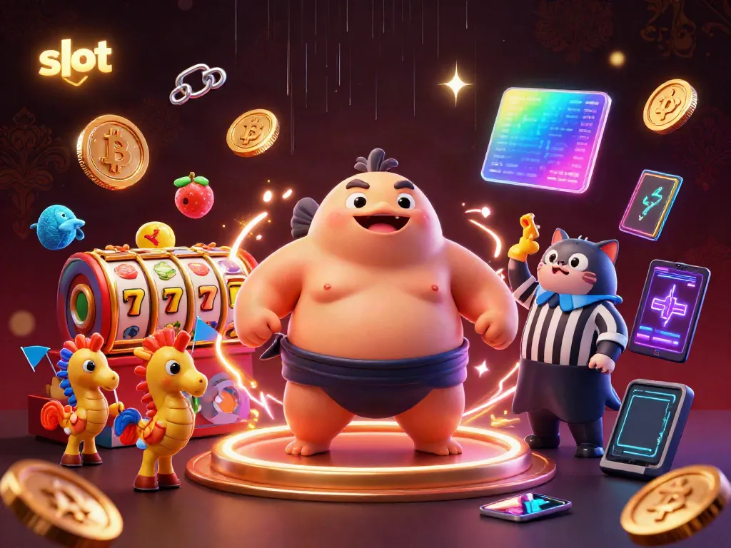Engage in thrilling slot action with a vibrant 3D scene showcasing a playful fugu in a sumo ring.