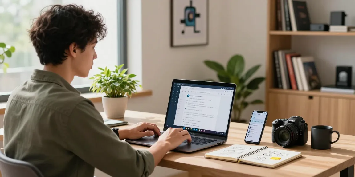 Young professional using Telegram Web Version on laptop in modern home office with tech-themed decor.