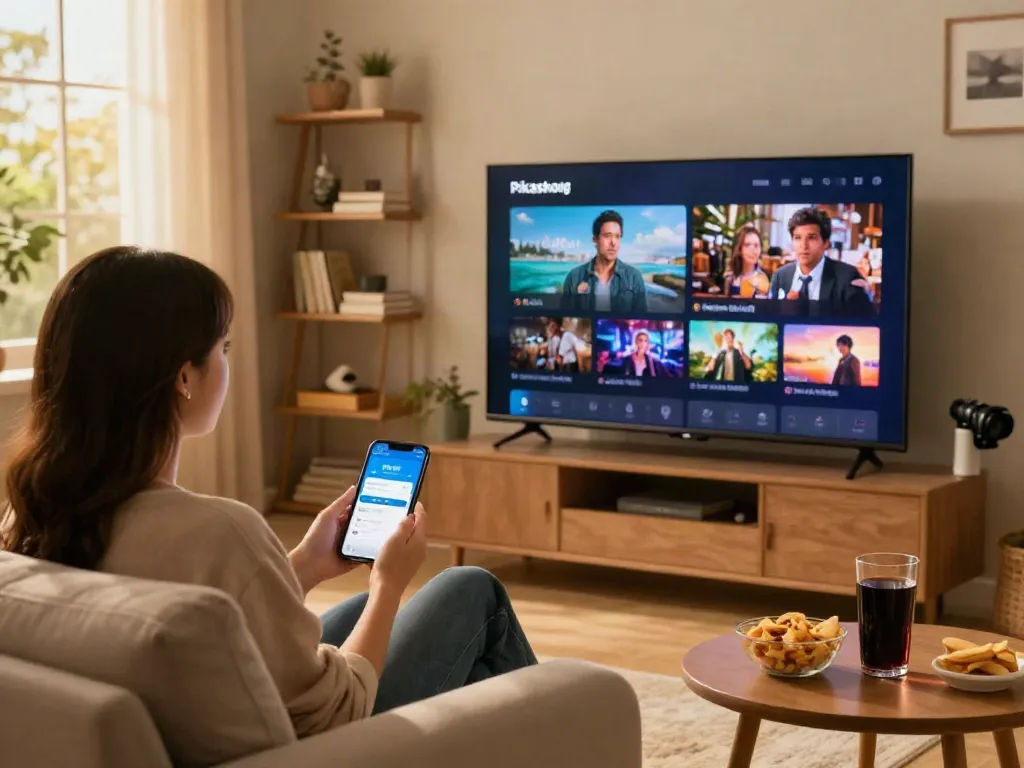 Engaging viewer using Pikashow.apk to stream content on the TV.