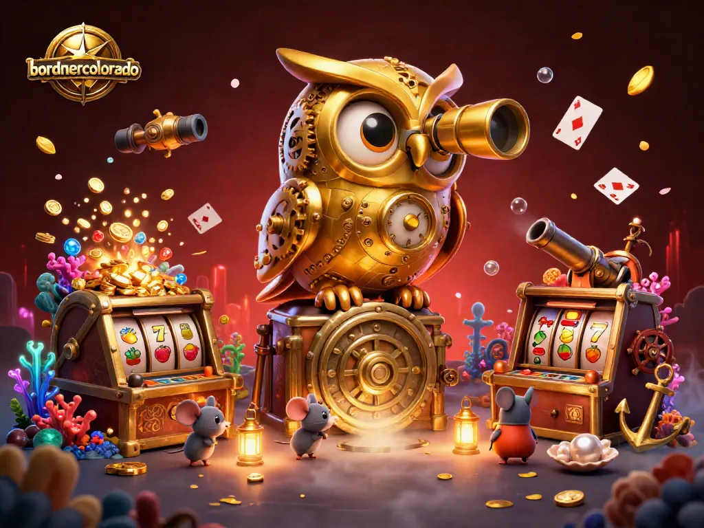 Bordnercolorado's vibrant casino scene featuring a whimsical clockwork owl and lively game elements.