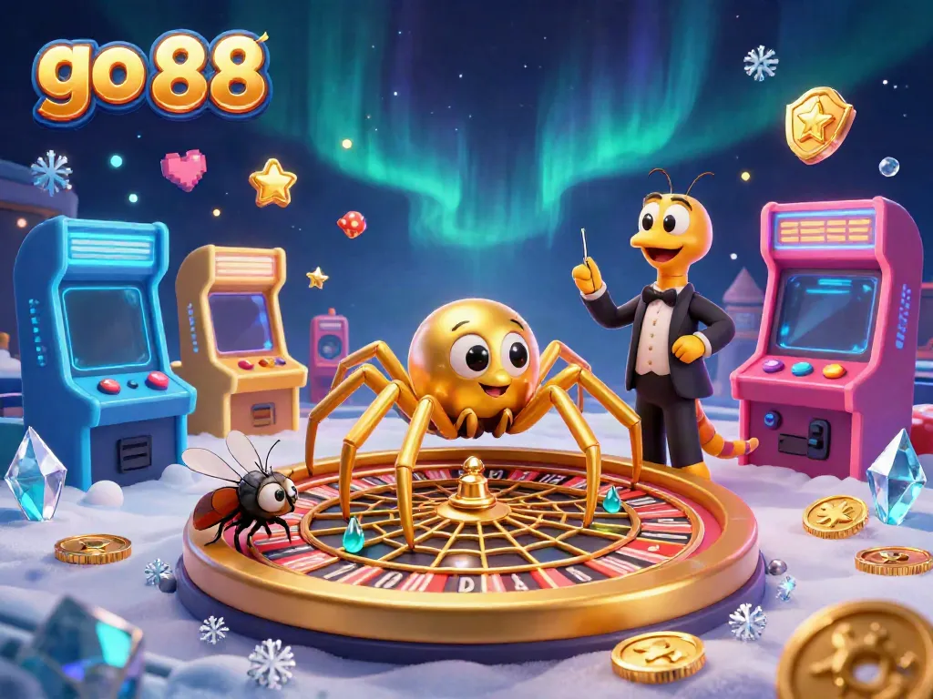 Experience the thrill of go 88 as a spider weaves a roulette wheel with gaming elements in a colorful casino scene.