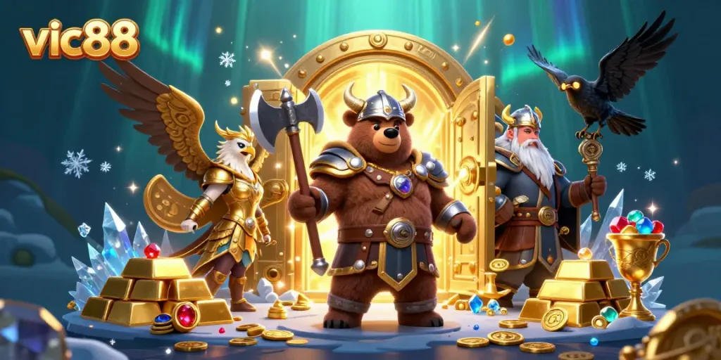 Experience the excitement of vic88 with dynamic characters amidst treasures in a vibrant casino setting.