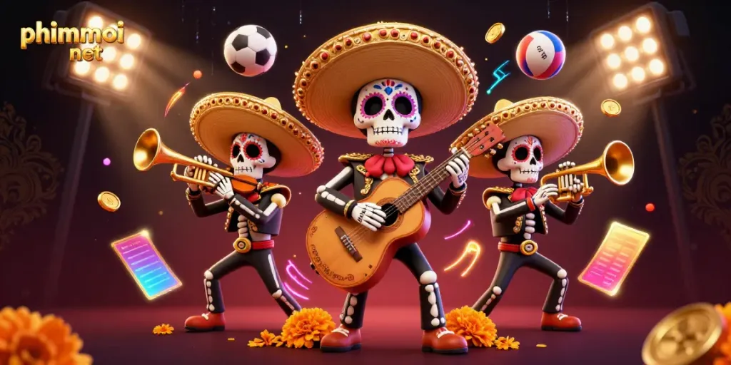 Experience a vibrant scene with "phimmoi net" showcasing a mariachi band among dynamic gambling elements.