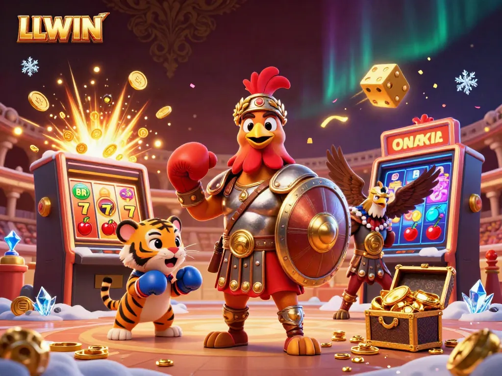 LLWIN: Exciting casino scene with a gladiator rooster, sparring tiger cub, and gaming elements.