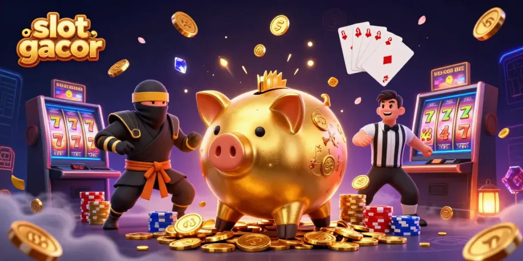 Experience thrilling slot gacor gameplay with a dynamic scene featuring an enthusiastic piggy bank sumo wrestler bursting with coins.