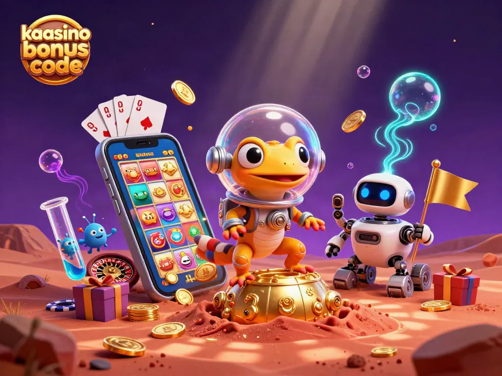 Engage with the kaasino bonus code screen while a Martian gecko explores a golden casino.