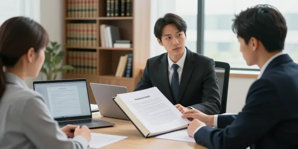 Legal consultation on 증거 for 상간 소송에 쓸 증거를 설명한 글, showcasing lawyer and client in modern office.