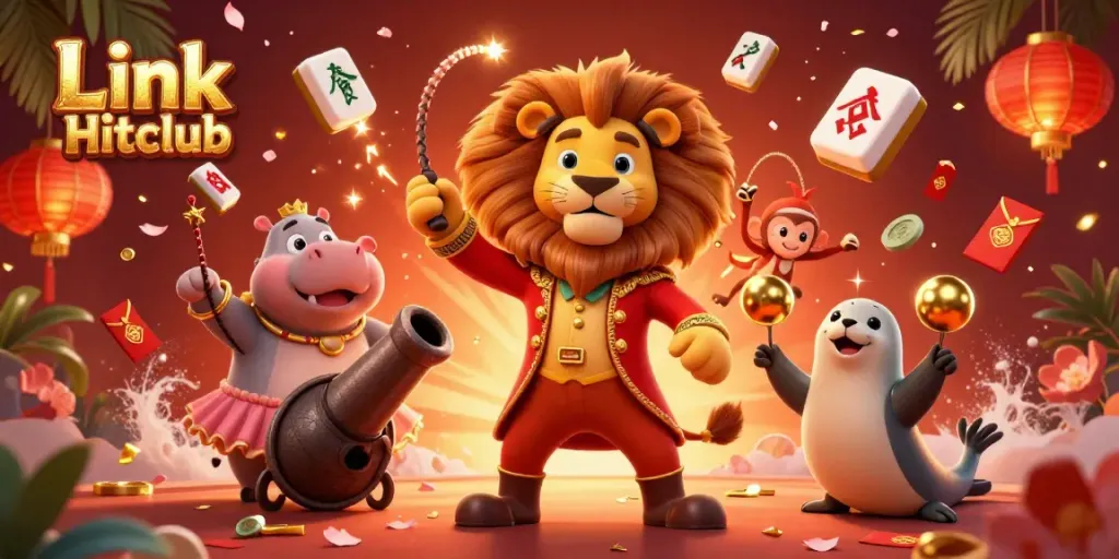 Experience thrilling gameplay with Link Hitclub in this vibrant 3D circus illustration featuring lively characters and dynamic casino elements.