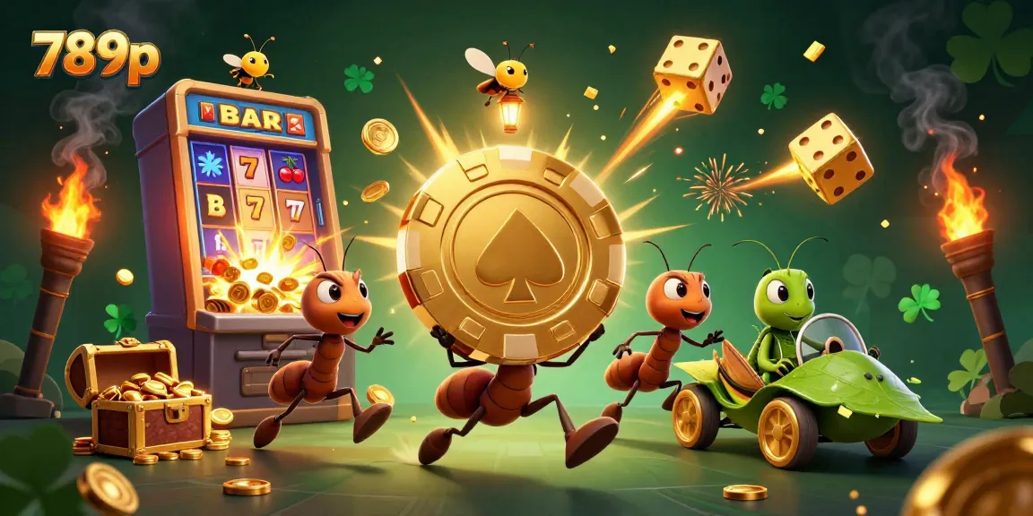 Experience thrilling gambling action with 789p as ants run a heist amid vibrant slot machine energy.