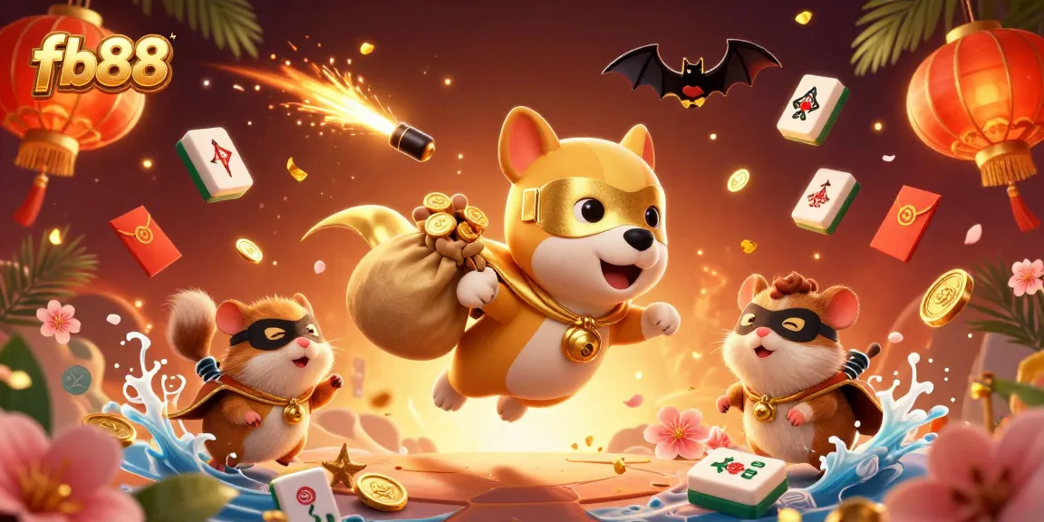 Play exciting games at fb88 while a superhero dog brings gold coins amidst a festive gambling scene.