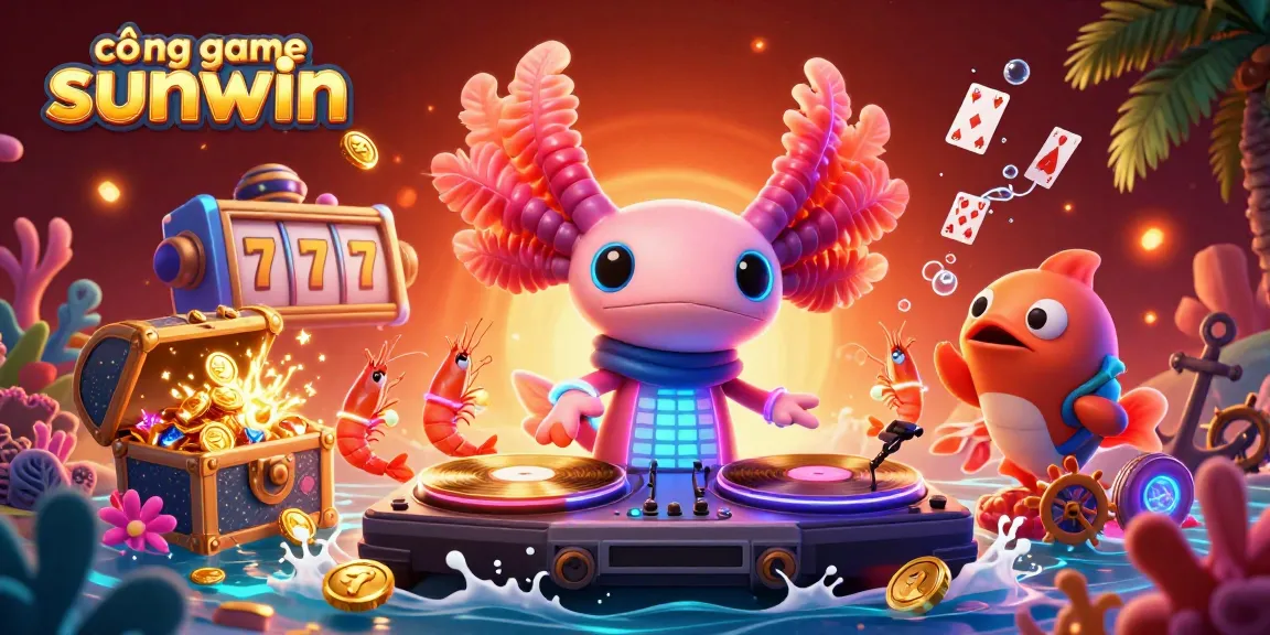 Engage with the vibrant world of cổng game sunwin through an energetic casino-themed underwater scene featuring an axolotl DJ and various gaming elements.