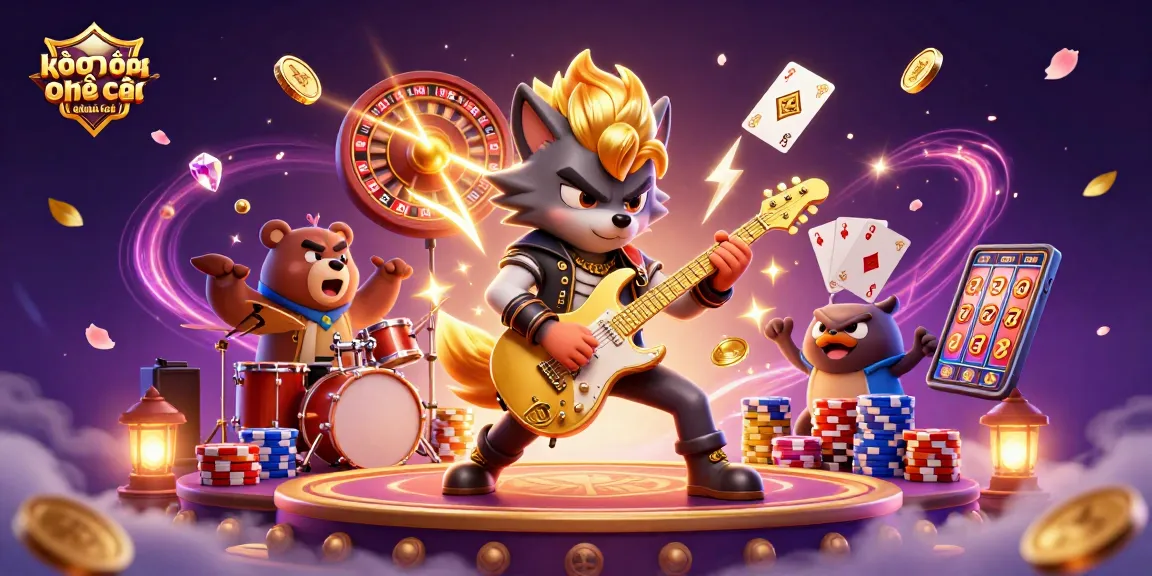 Experience kèo bóng đá nhà cái in a vibrant scene with cartoon rock star wolf and drummer bear amidst casino excitement.